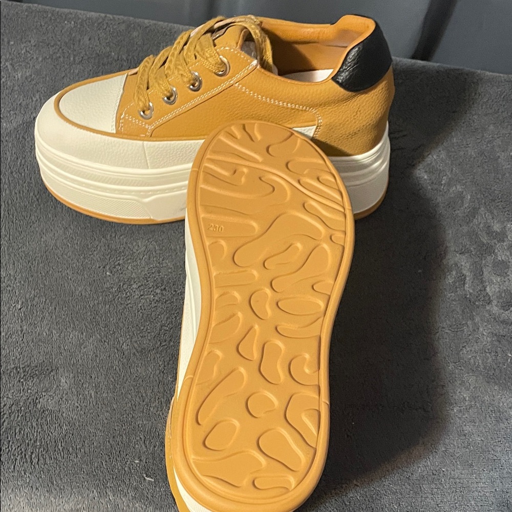 Women’s Mustard Yellow Platform Sneakers with Cream Sole - Picture 5 of 7